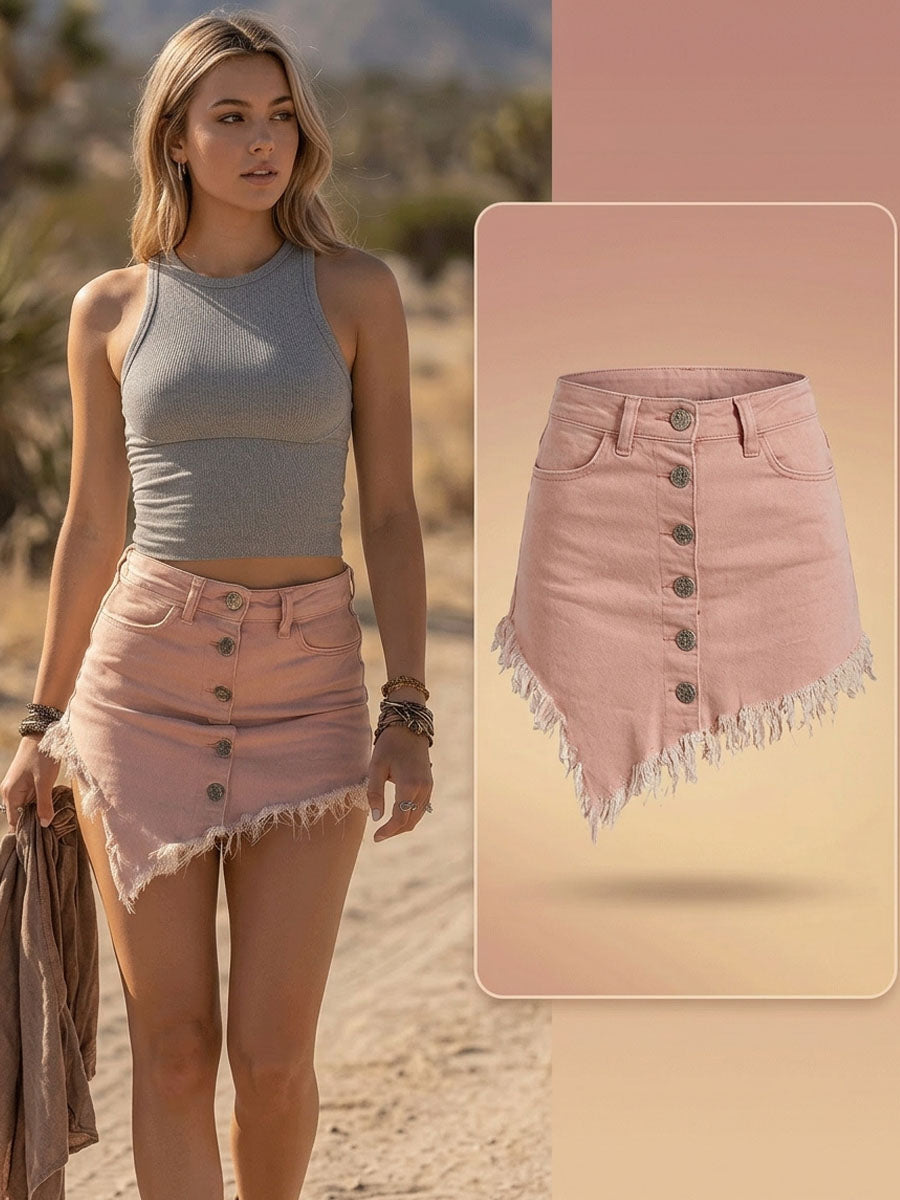 Retro Pink Denim Asymmetrical Mini Skirt