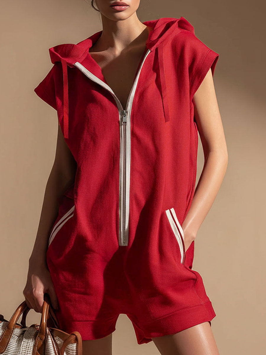 Hooded Zippered Color-blocked Double-pocket Sleeveless Short Jumpsuit