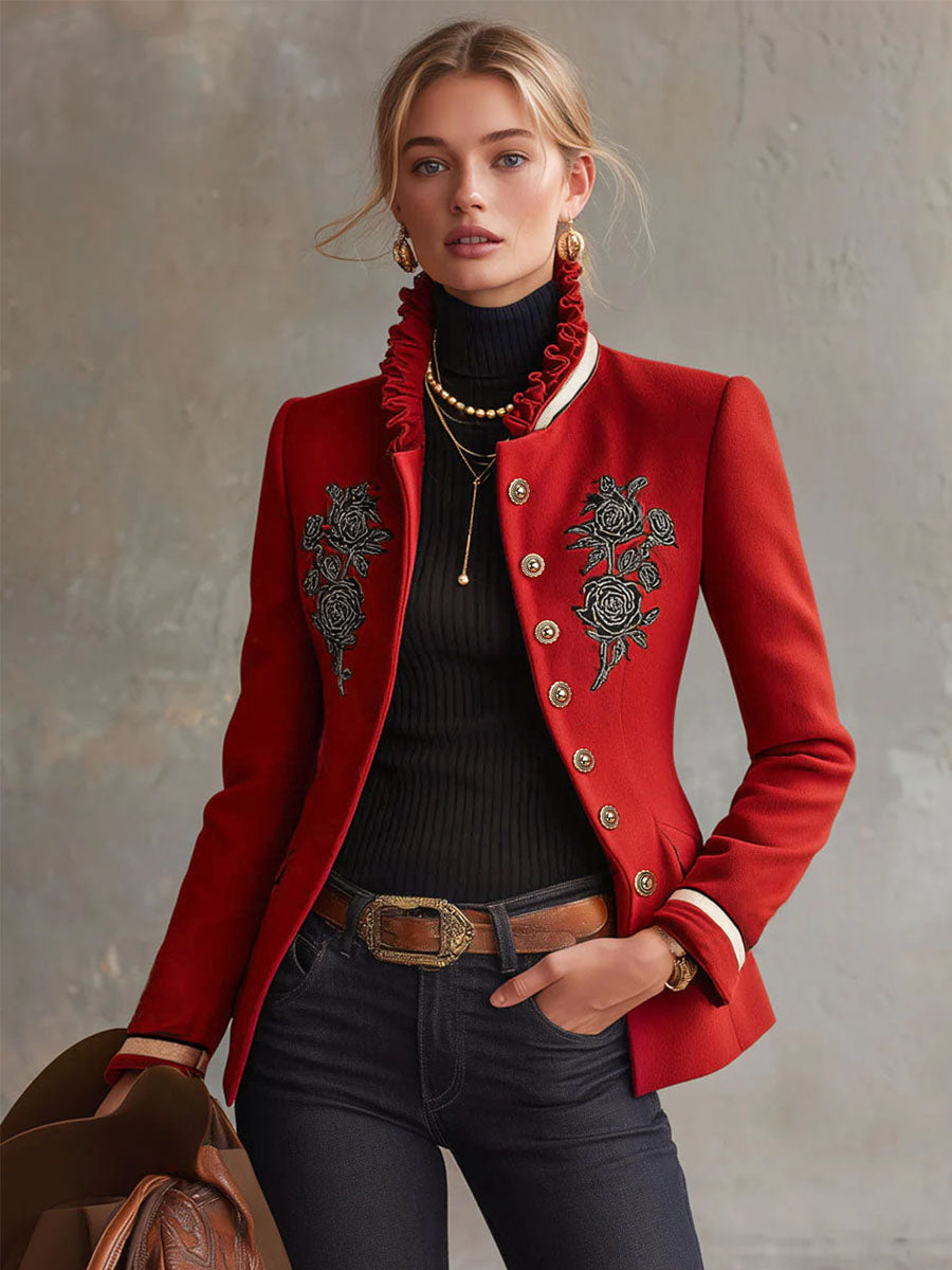 Ruffled Stand-up Collar Single-breasted Rose Embroidered Jacket
