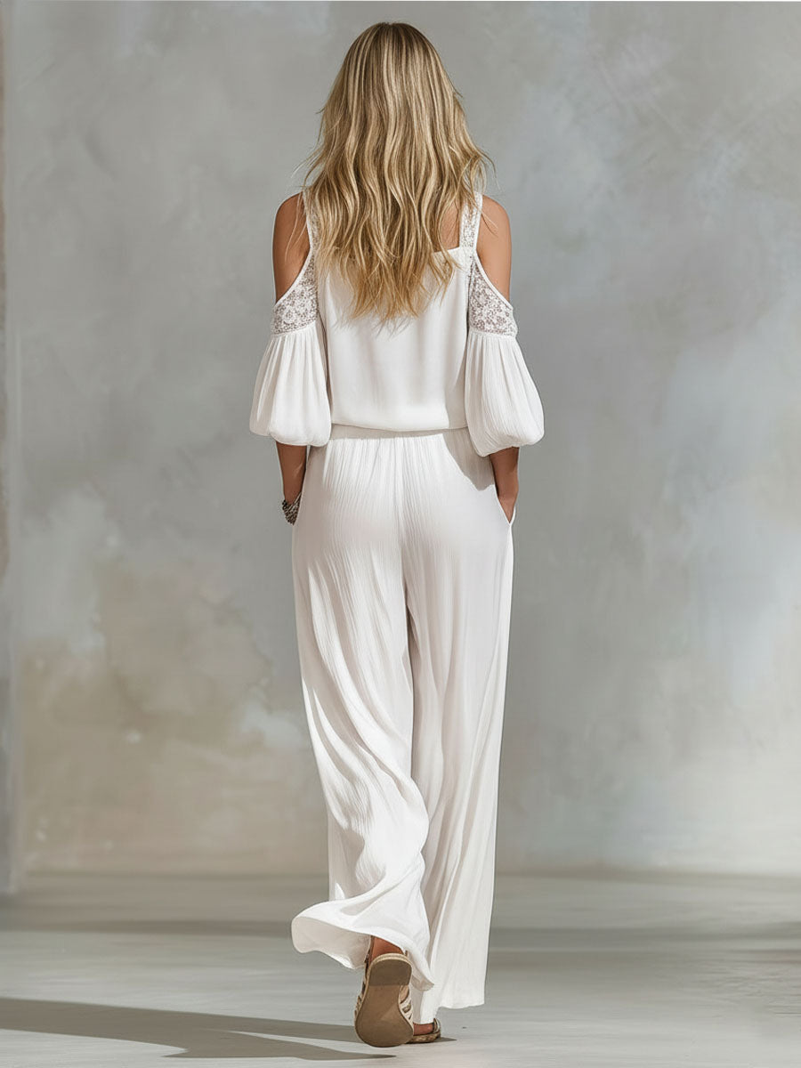 Square-neck Off-the-shoulder Lace Puff-sleeve Top And Pants Set