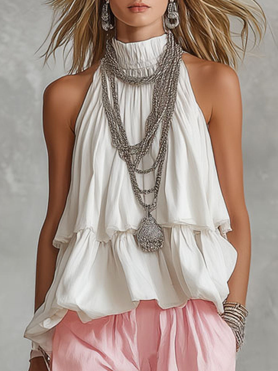 High-necked Sleeveless Cotton Blend Top