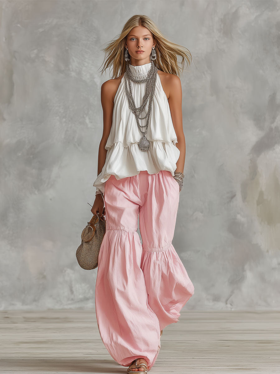 High-necked Sleeveless Cotton Blend Top