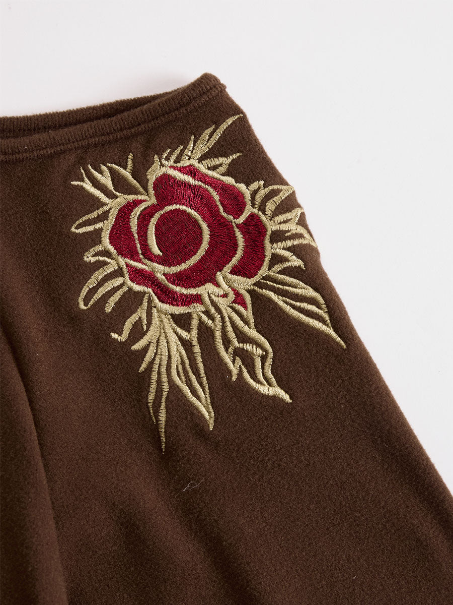 High-neckoff-shoulder Rose-embroidered All-cotton Long-sleeved T-shirt