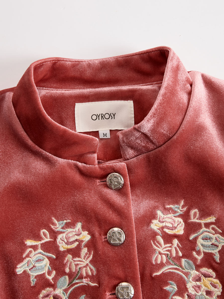 Western-style Stand-up Collar Single-breasted Floral Embroidered Velvet Jacket