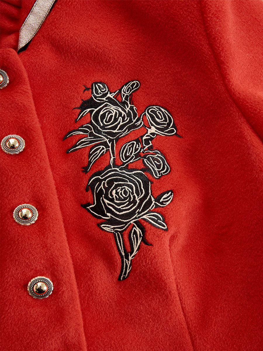 Ruffled Stand-up Collar Single-breasted Rose Embroidered Jacket