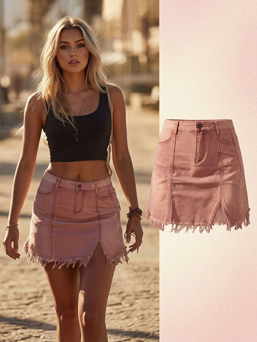 Retro-style Side-slit Frayed Hem Pink Denim Mini Skirt