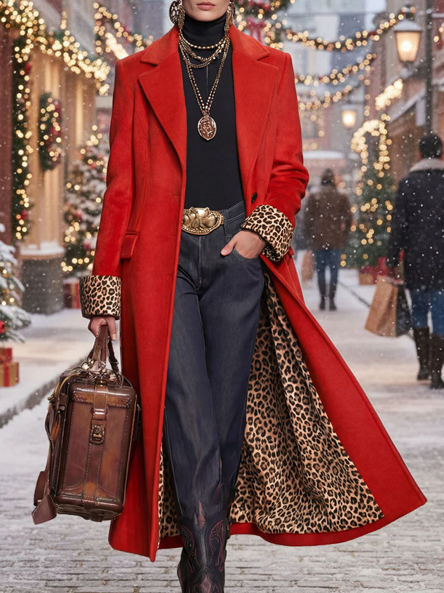 Lapel Single-breasted Leopard Print Wool Coat