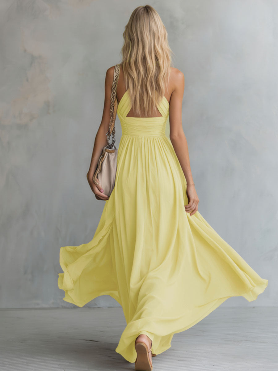 Elegant And Stylish Halter Neck V-neck Sleeveless Chiffon Maxi Dress