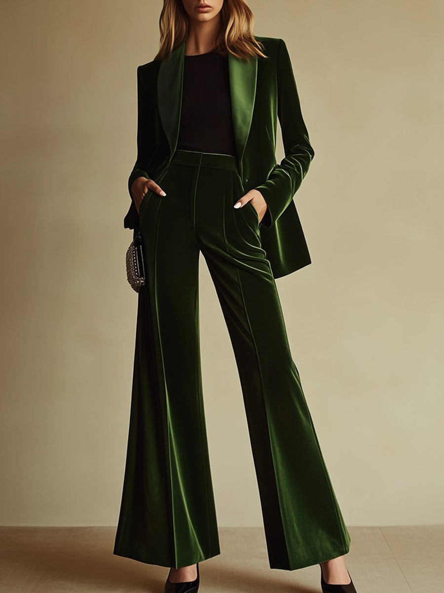 High-End Temperament Loose Retro Green Velvet Suit