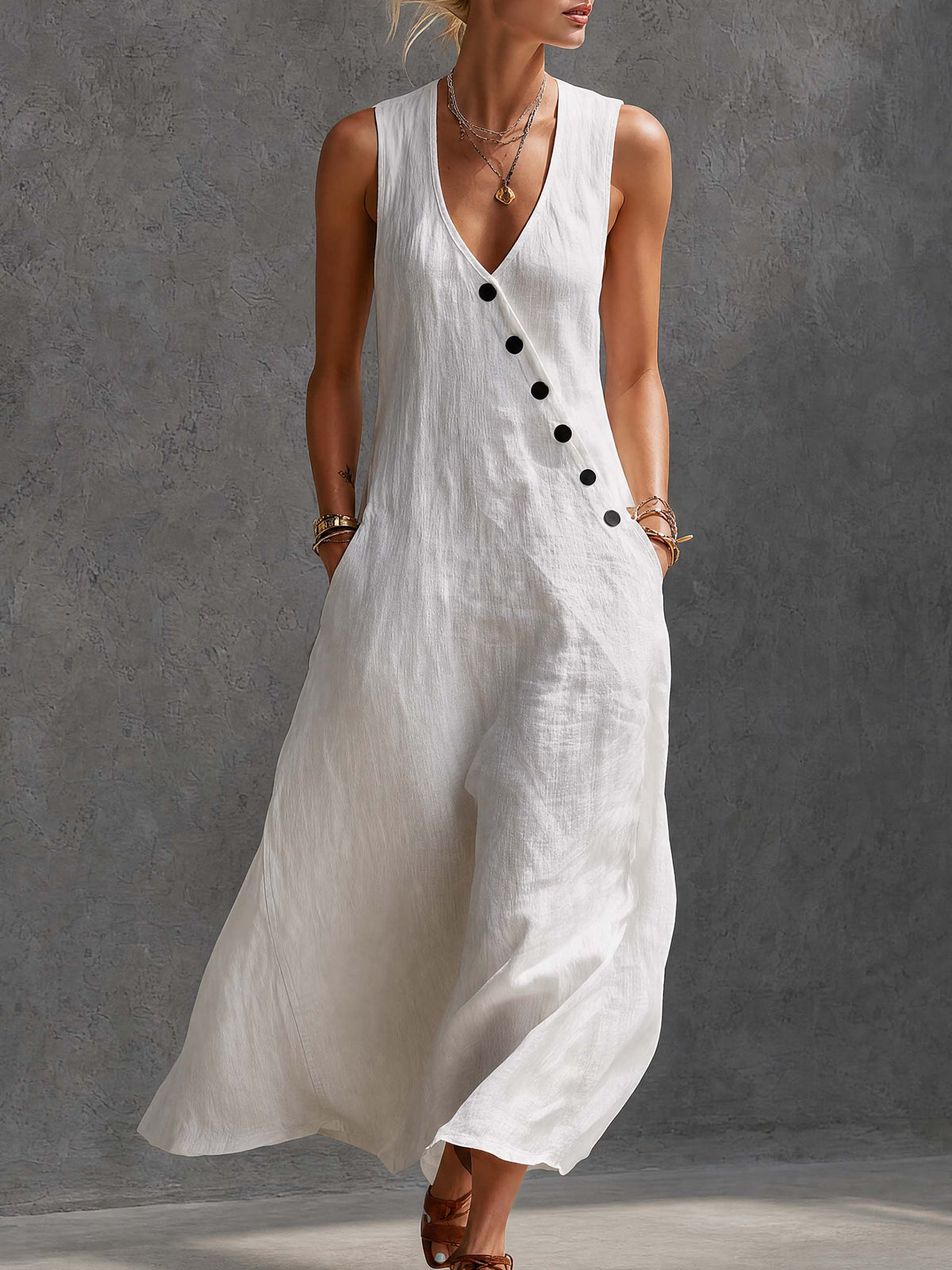 Stylish Simple Loose-fitting Sleeveless V-neck Diagonally Buttoned Cotton White Maxi Dress