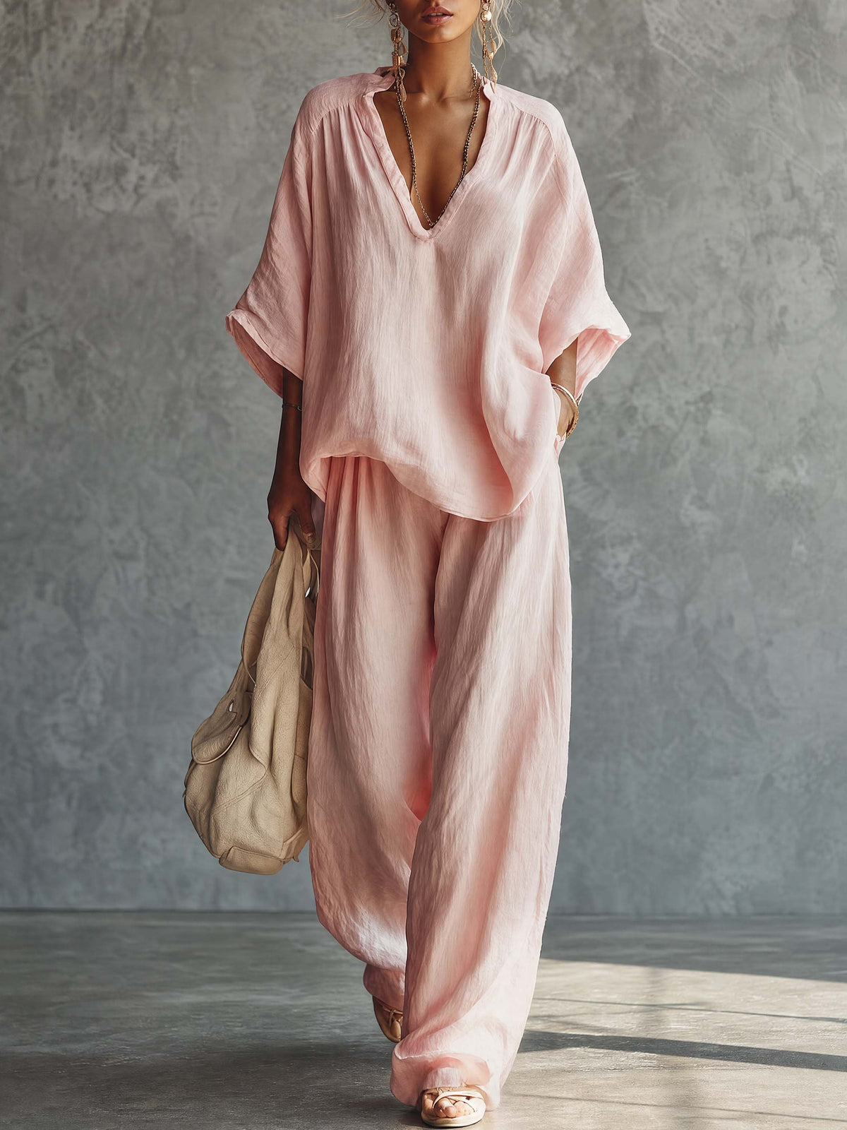 Casual Urban Bohemian Style V-neck Pink Cotton Blouse And Pants Set