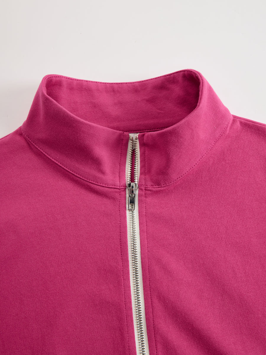 Sporty Retro Pink Cotton Half-Zip Ruffle Sweatshirt Mini Dress