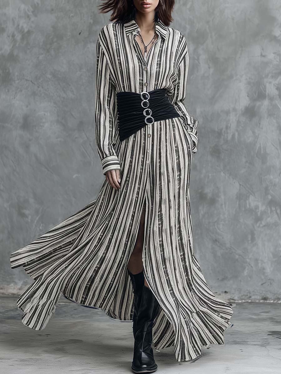 Retro Fashion Flowy Black And White Striped Chiffon Shirt Dress
