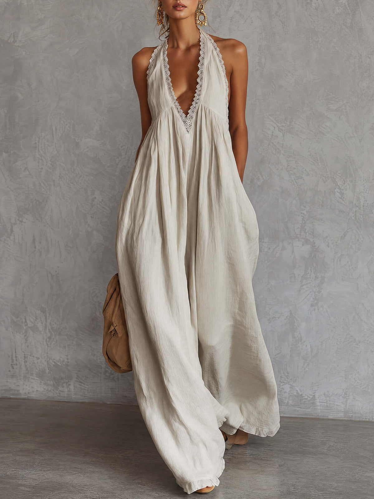 Retro Urban Bohemian V-neck Lace Trim Sleeveless Off-white Cotton Maxi Dress