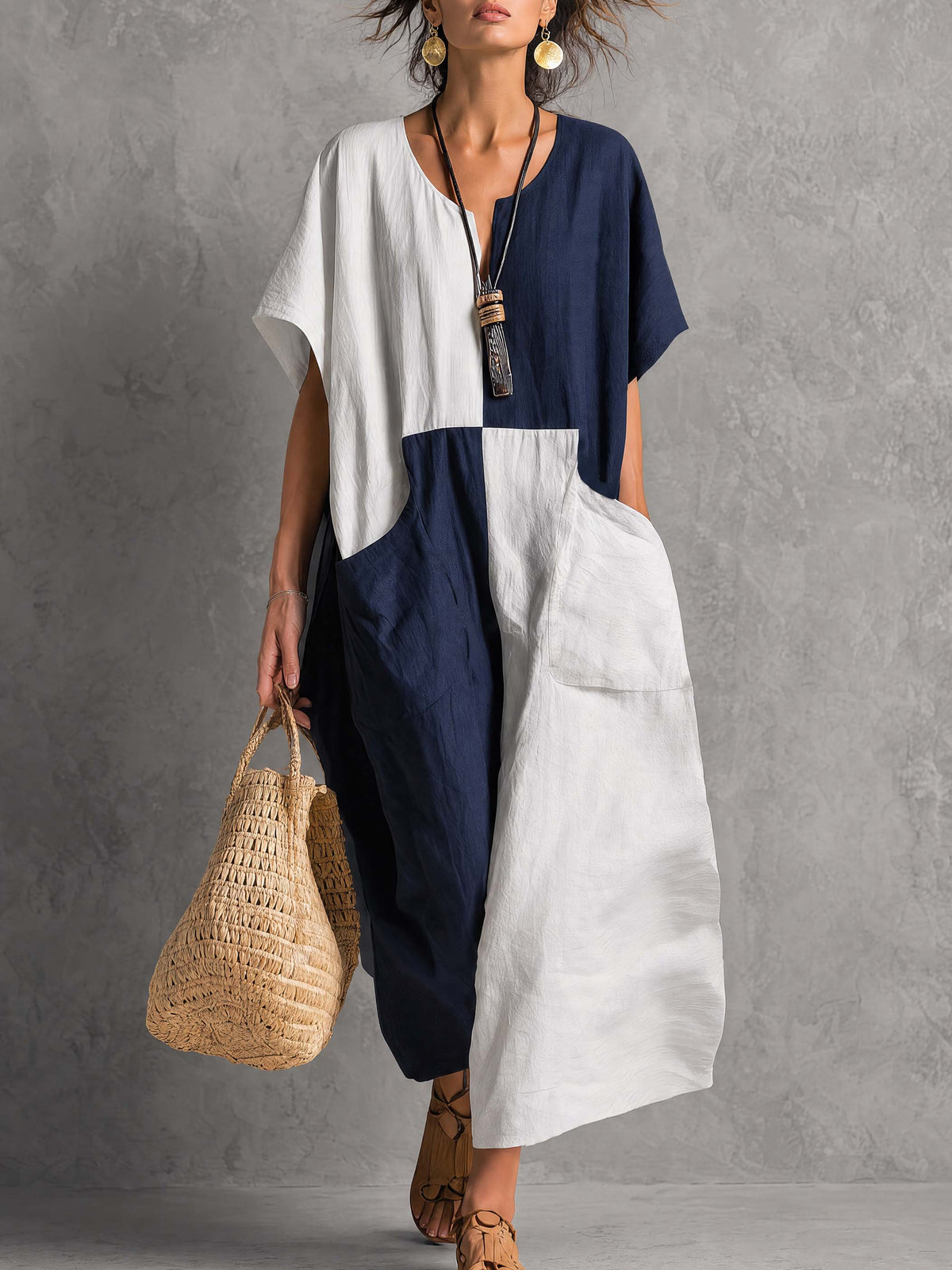 Retro White And Blue Color Blocked Cotton And Linen Short Sleeved Midi Dress
