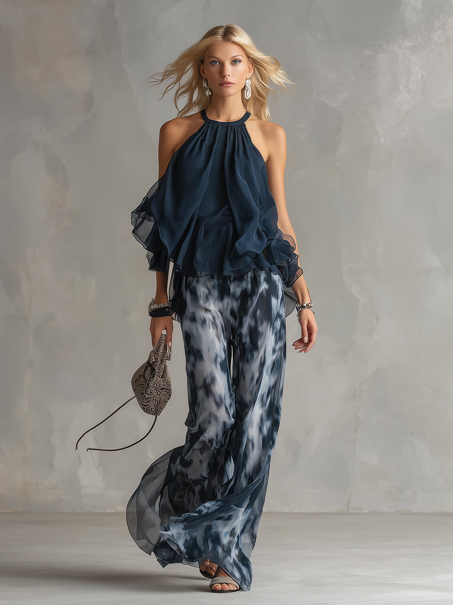 Elegant Urban Navy Blue Printed Wide-leg Pants