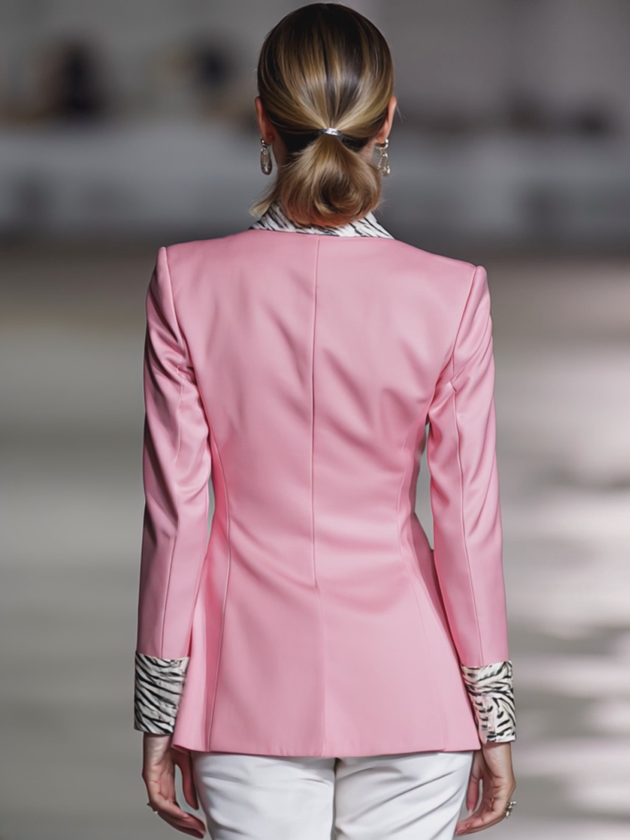 Elegant Pink Faux Leather Patchwork Zebra Print Button