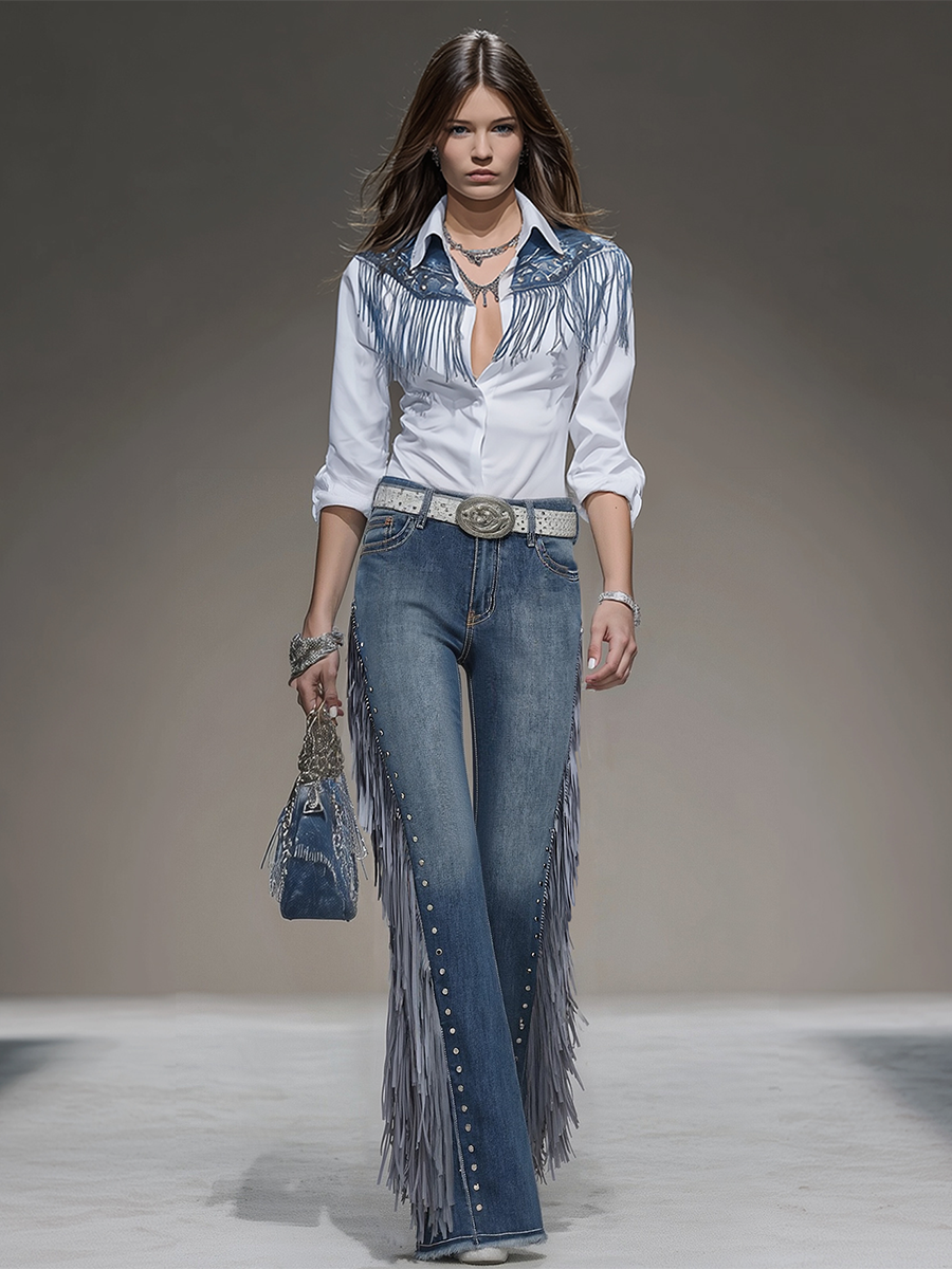Western Blue Denim Side Tassel Rivet Flared Pants
