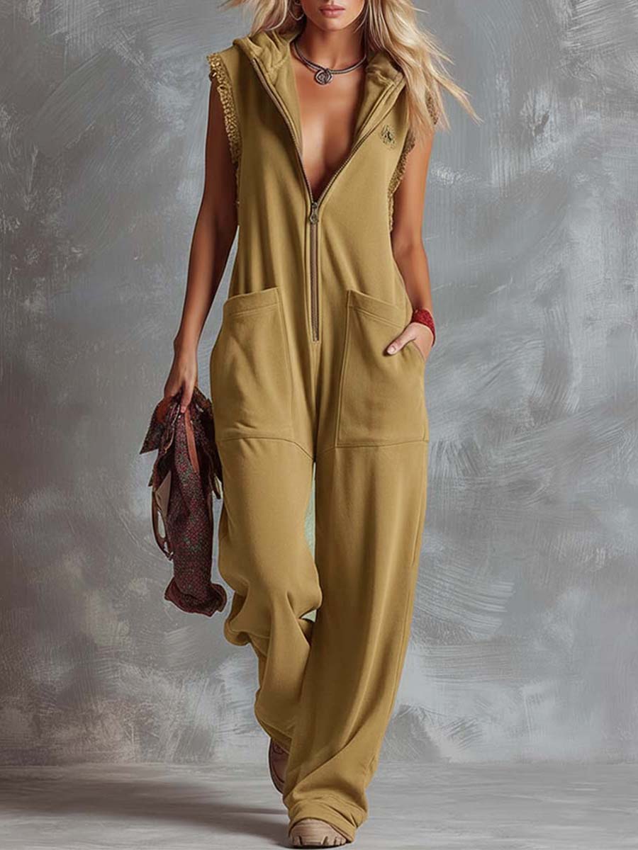 Retro Fashiona Sporty Hooded V-neck Front Zipper Raspberry Red Cotton Jumpsuit