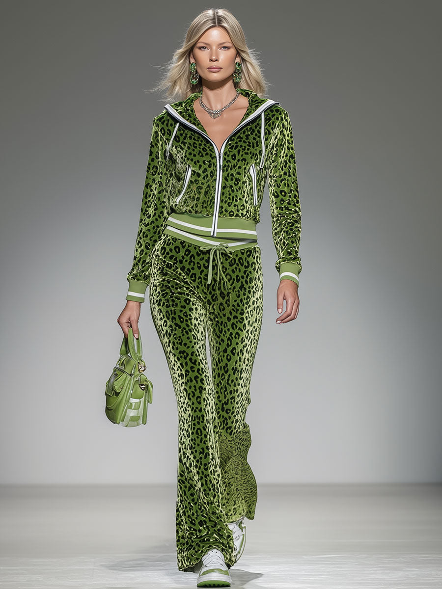 Stylish And Casual Green Leopard Print Hoodie And Pants Set