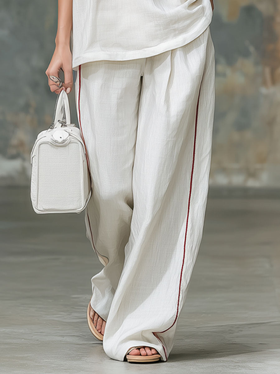 Collared Color-blocked Cotton-linen Short-sleeved Top And Pants Set