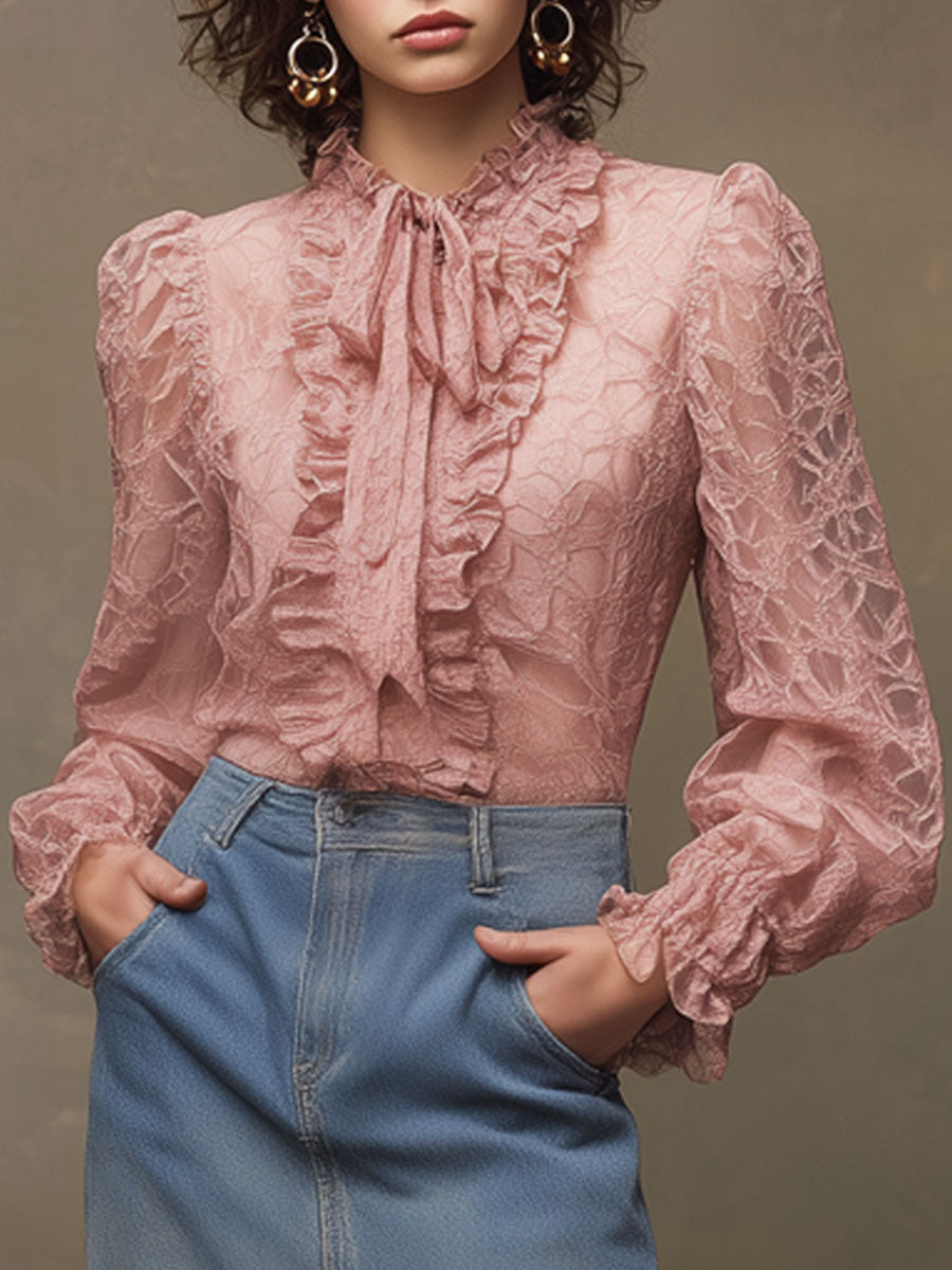 Western Retro Pink Lace Ruffled Long-Sleeved Shirt