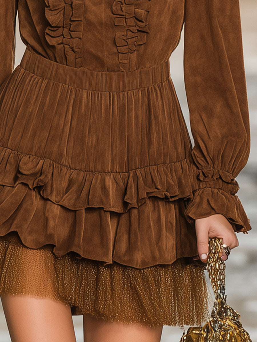 Stylish Brown Faux Suede Ruffled Tulle Mini Dress
