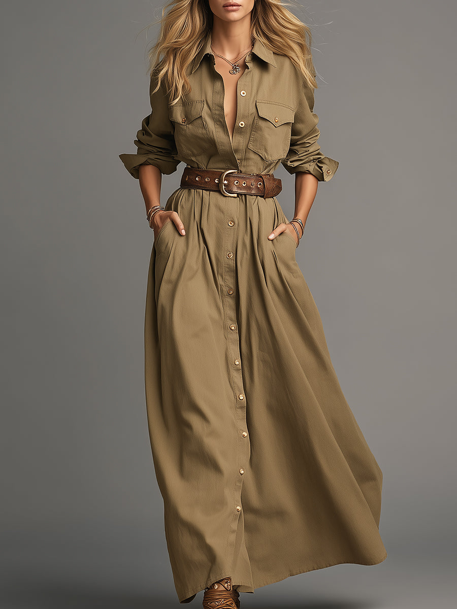 Casual Retro Button-front Khaki Maxi Dress