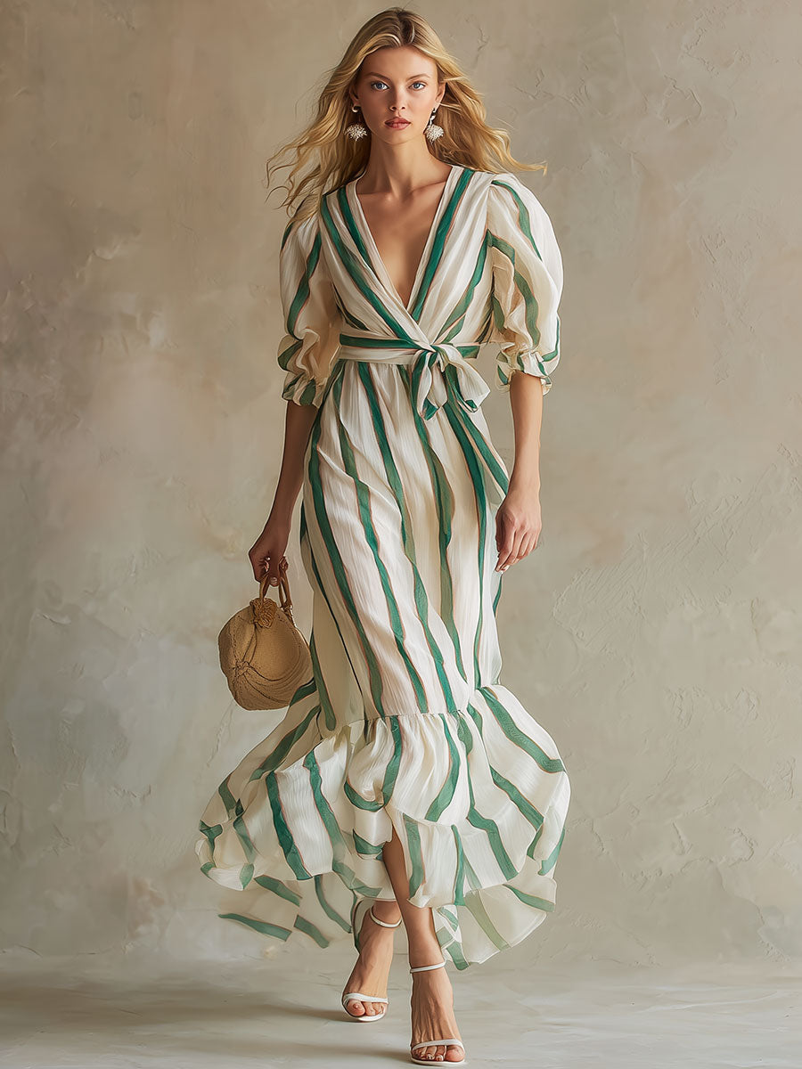Stylish And Elegant Color-blocked Striped Chiffon Midi Dress