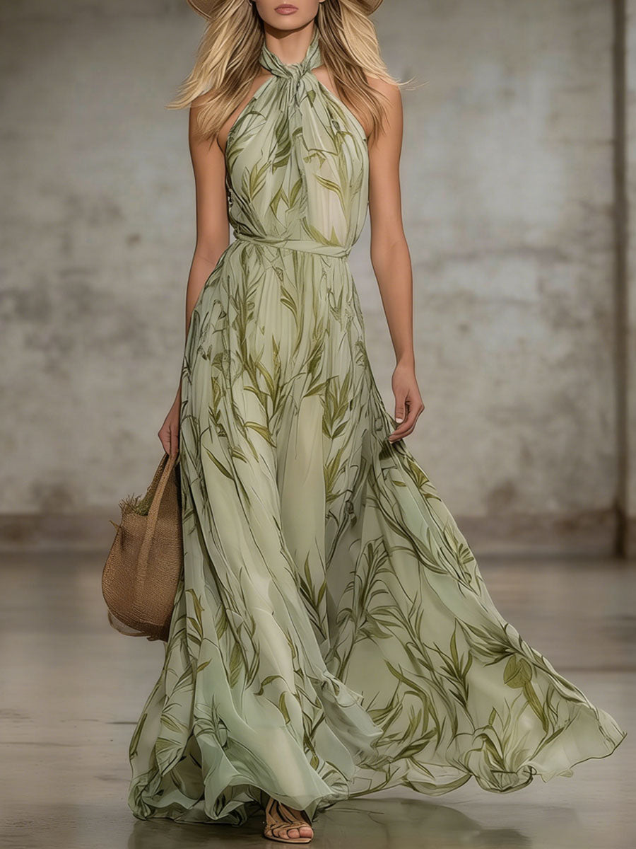 Elegant Leaf Print Halter Neck Chiffon Sleeveless Maxi Dress