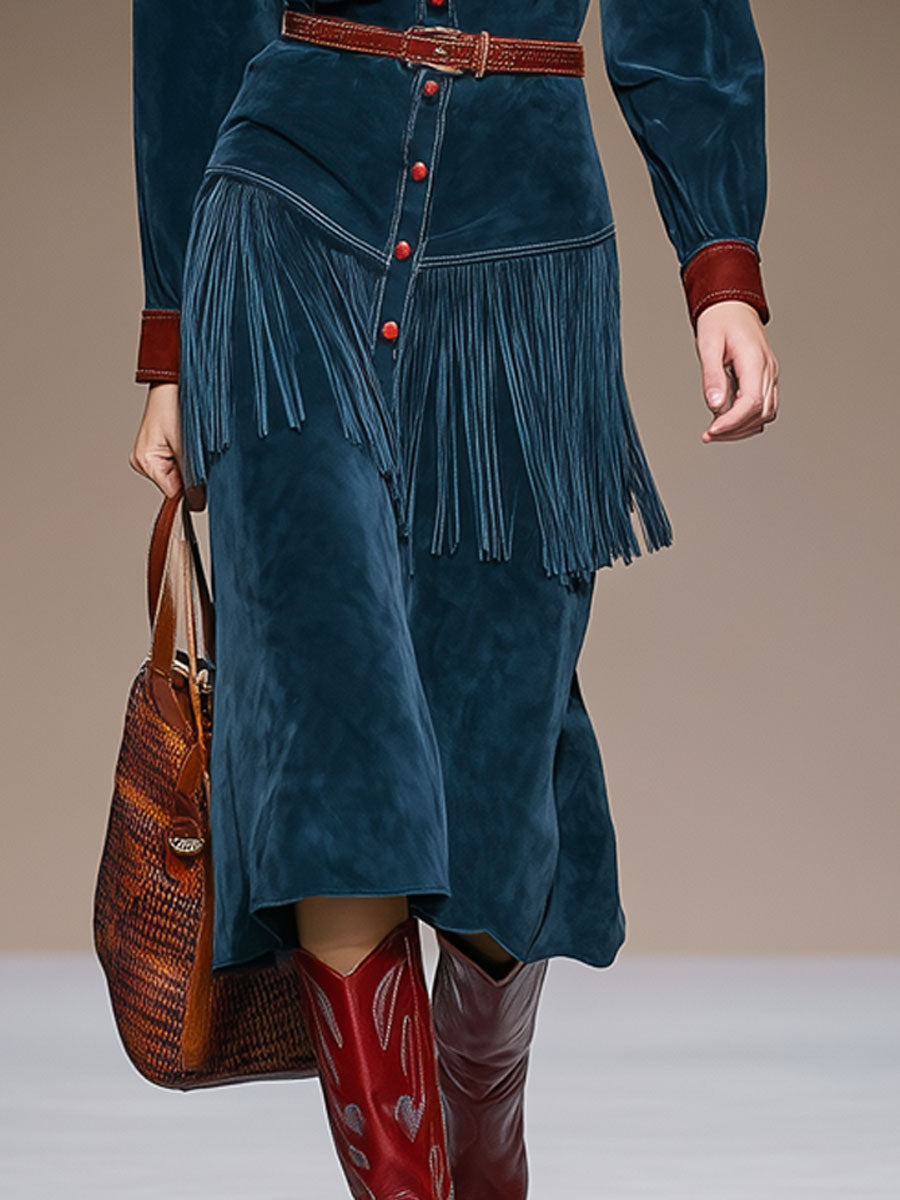 Western Retro Red And Blue Faux Suede Color Block Tassel Long-Sleeved Midi Dress