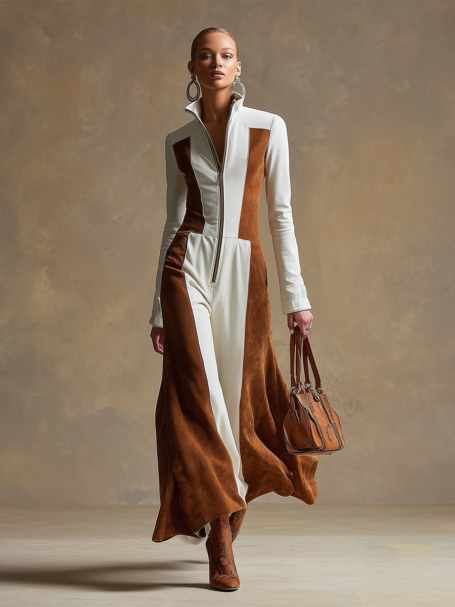 Elegant Urban Style White And Brown Faux Suede Wide-leg Jumpsuit