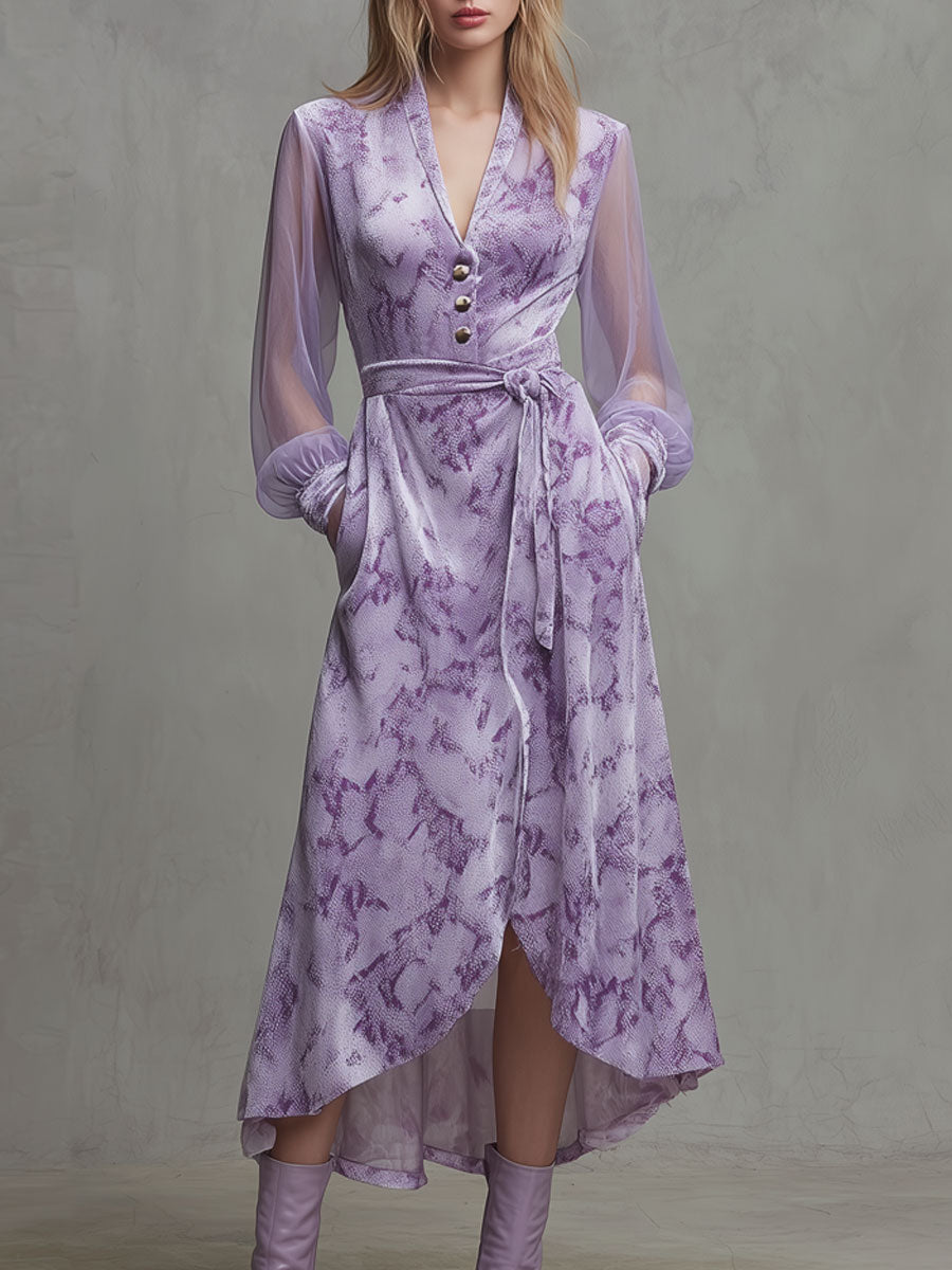 Fashionable Retro Mesh Long-sleeved Light Purple Velvet Snakeskin Maxi Dress