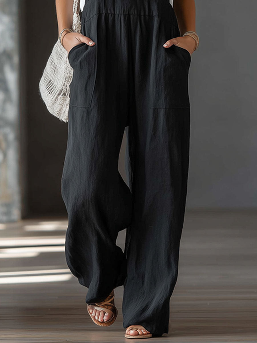 Black V-neck Ruffled Cotton-linen Wide-leg Overalls