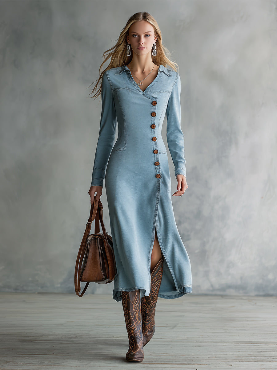 Retro Light Blue Denim Slanted Button V-neck Maxi Dress
