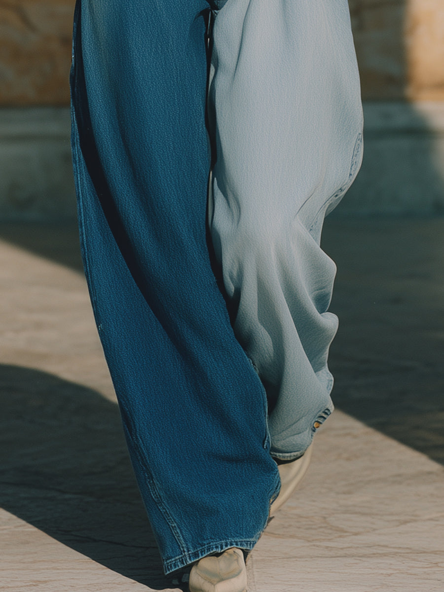 Casual Western Style Light Blue And Blue Color-blocked Loose Jeans