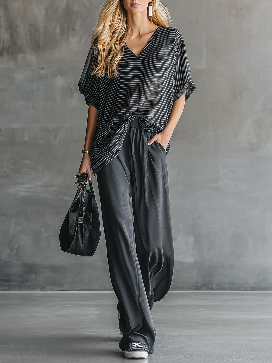 Stylish And Casual Black Short-sleeved Top And Gray Chiffon Pants Set