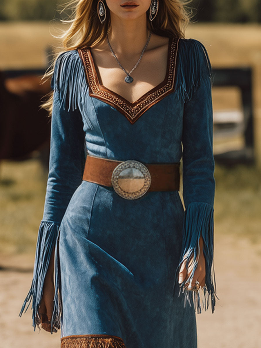 Western Retro Long-Sleeved Blue Faux Suede Embroidered Tassel Midi Dress