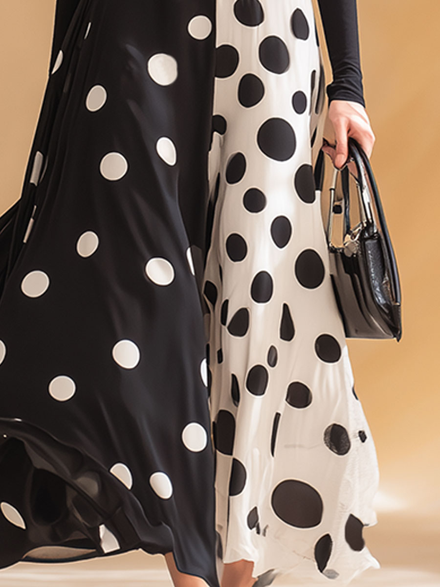 Stylish Retro Black And White Polka Dot Maxi Dress