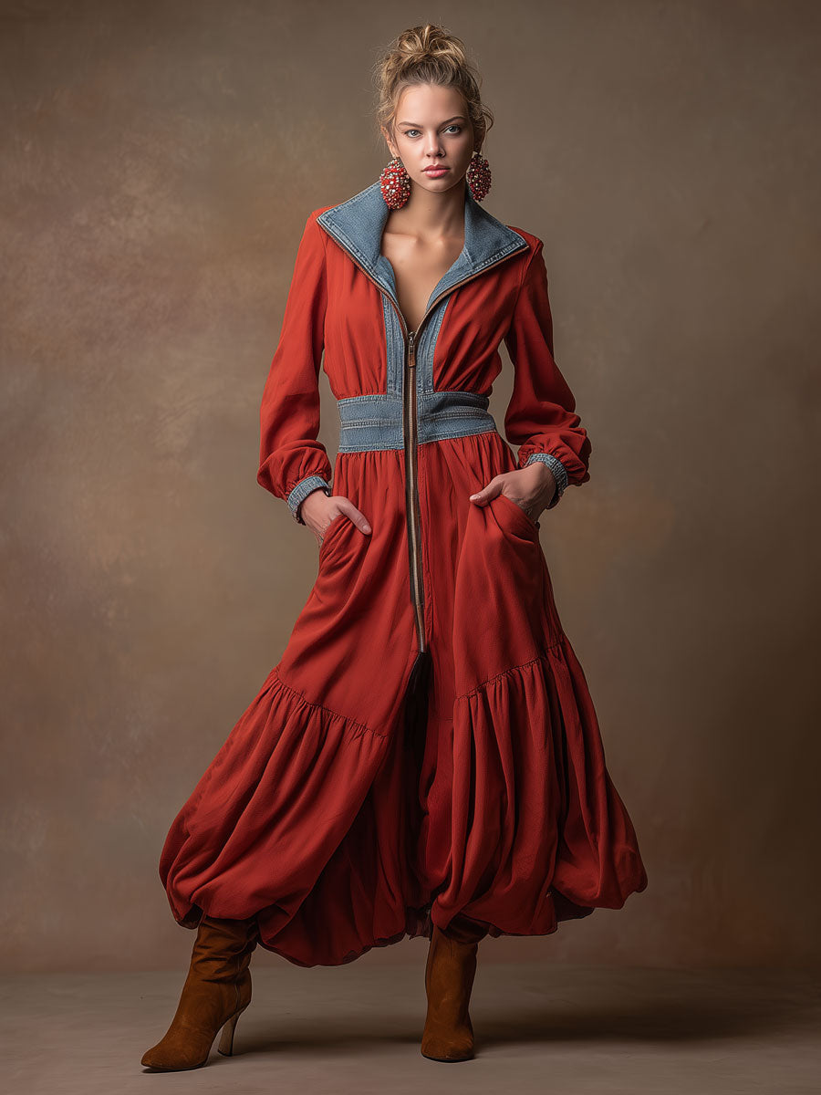 Casual Retro Zip-up Denim Patchwork Red Sweatshirt Dress With Tulip-shaped Maxi Dress