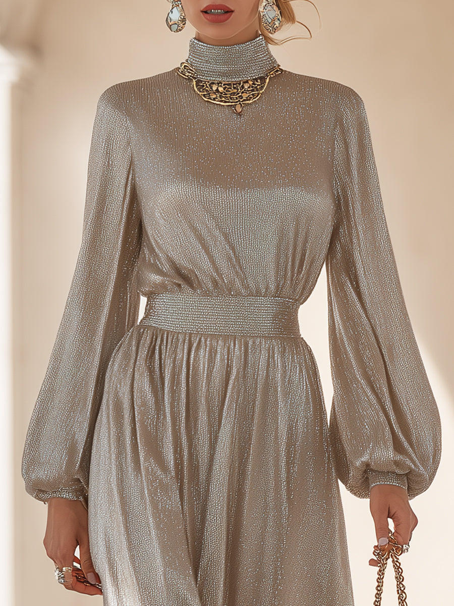 Elegant And Stylish Silver High-neck Maxi Dress