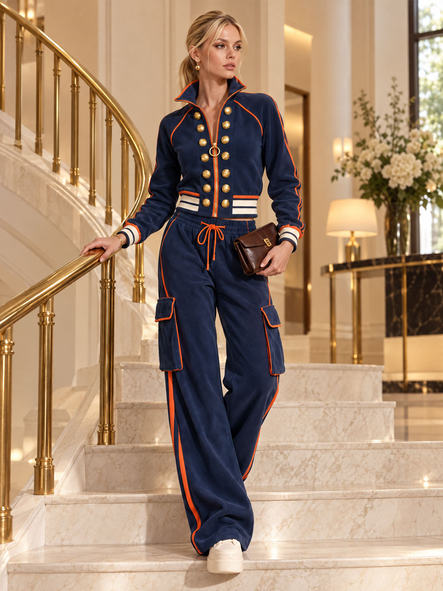 Sporty Retro Double-breasted Decorative Button-down Blue Jacket And Trousers Set
