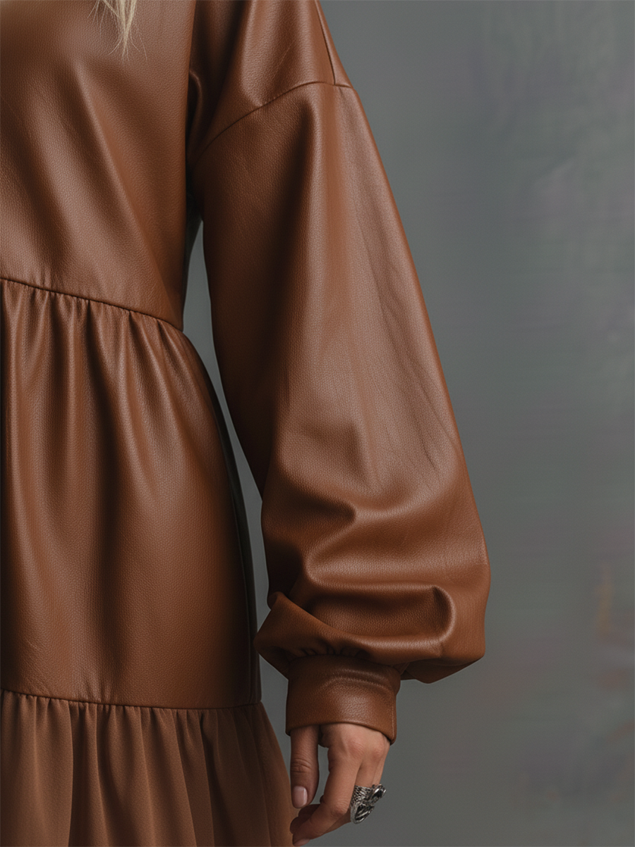 Retro-style V-neck Ruffled Faux Leather Dress