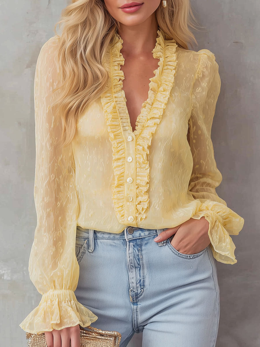 Vintage Printed V-neck Button-down Chiffon Long-sleeved Shirt