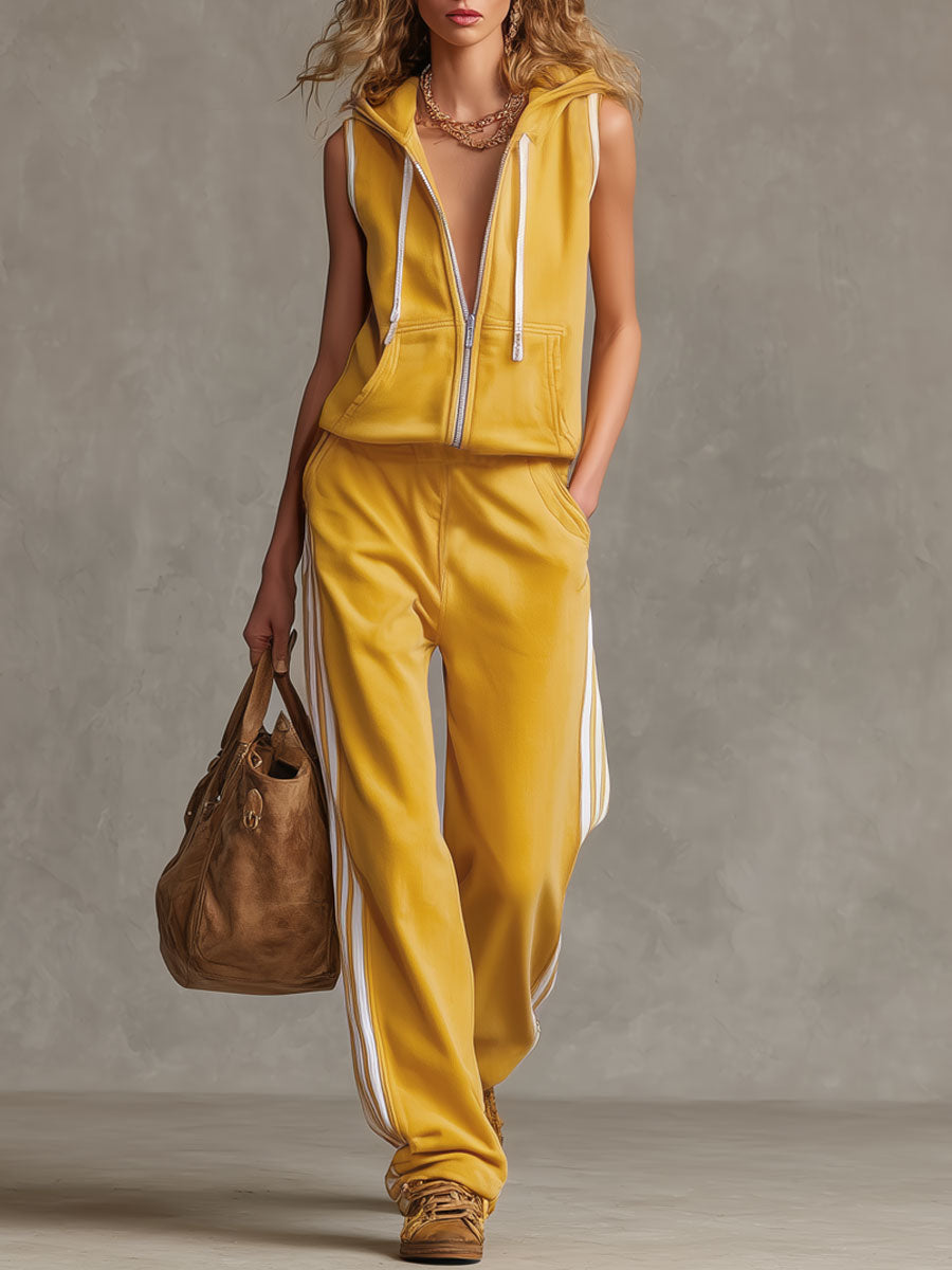 Sporty Retro Striped Yellow Cotton Blend Sleeveless Hooded Sweatshirt And Pants Set