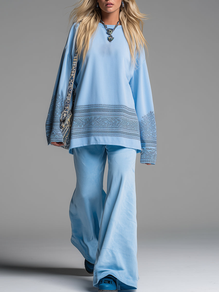 Casual And Lazy Sporty Printed Blue Sweatshirt And Wide-leg Pants Set