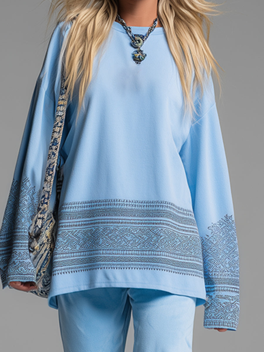 Casual And Lazy Sporty Printed Blue Sweatshirt And Wide-leg Pants Set