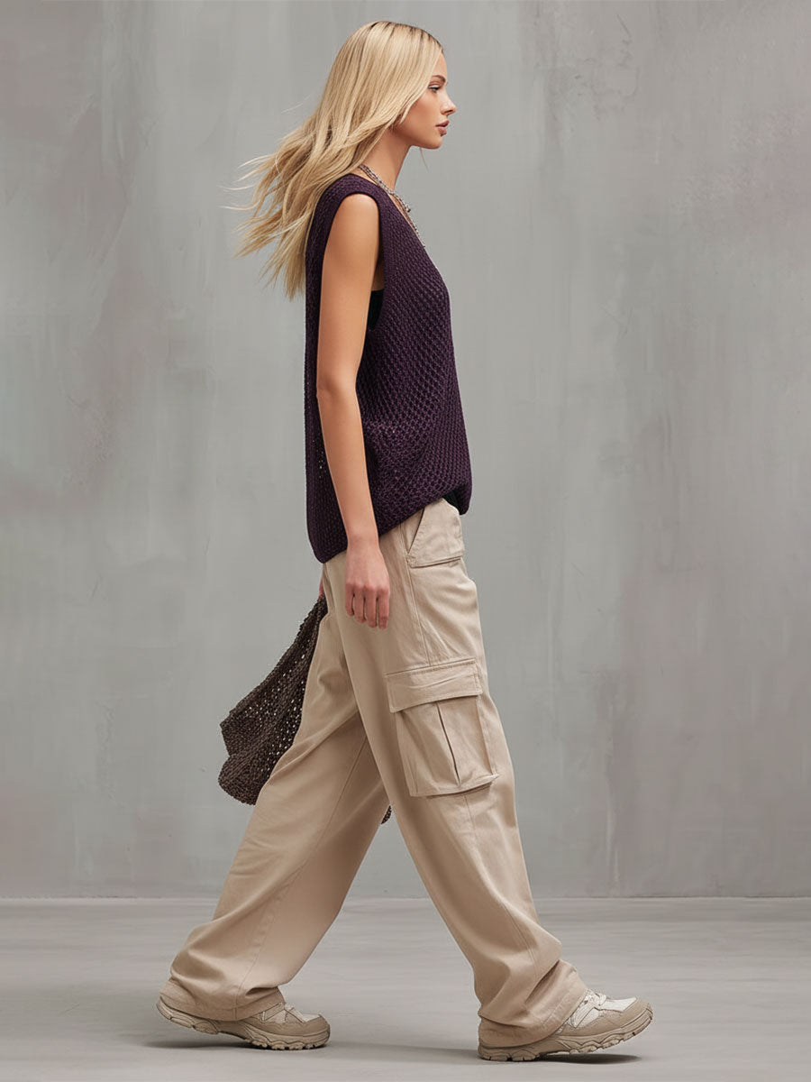 Stylish And Casual Purple Mesh Knit Sleeveless T-shirt And Khaki Trousers Set