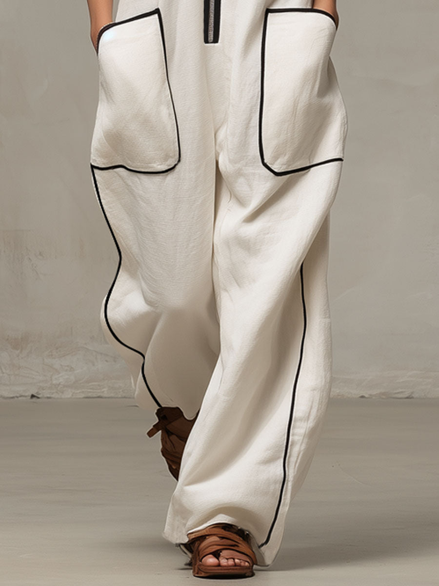 Loose-fitting Cotton-linen Color-blocked Stand-up Collar Zip-up Sleeveless Jumpsuit