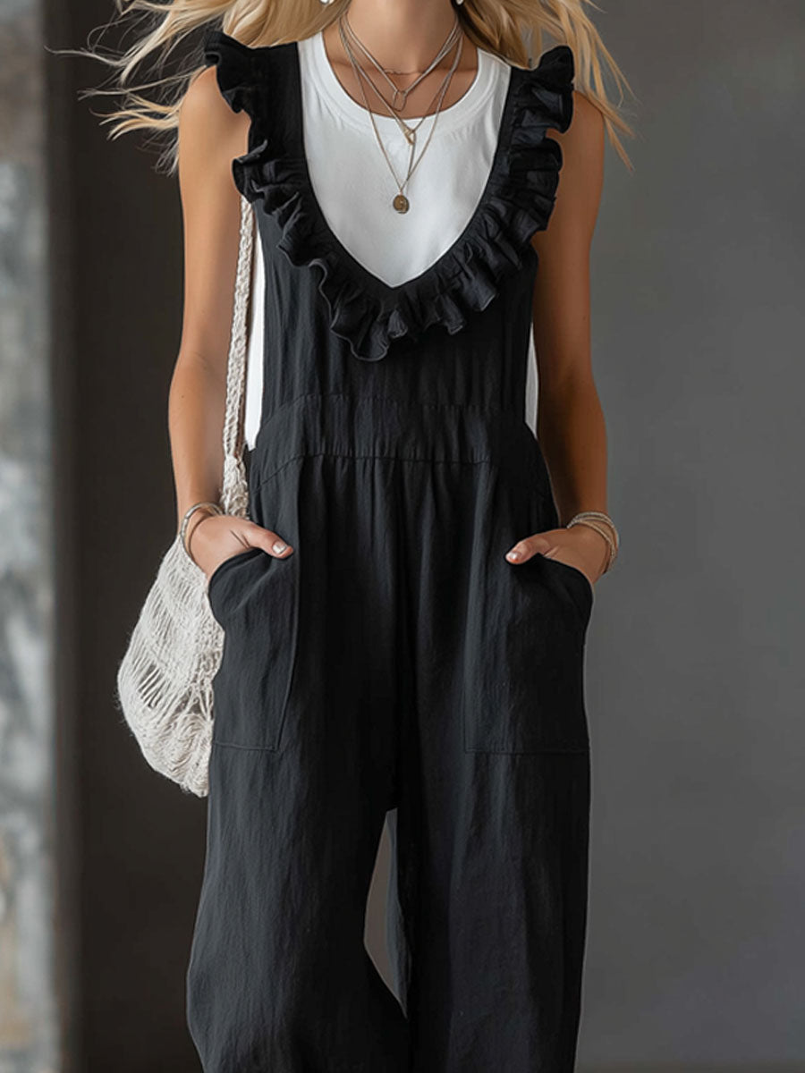 Black V-neck Ruffled Cotton-linen Wide-leg Overalls